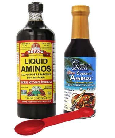 Soy Seasoning Variety Pack: Bragg Organic Liquid Aminos 32 oz + Coconut Secret Coconut Liquid Aminos, 8 Oz With Bonus Measuring Spoon
