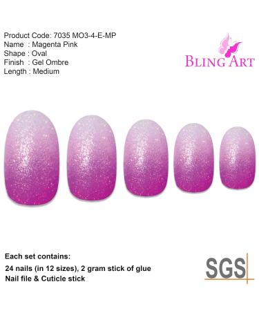 Buy False Nails Bling Art Magenta Gel Ombre | 24 Medium Oval Artificial Nails with Glue - International Shipping - Buy Online on GoSupps.com