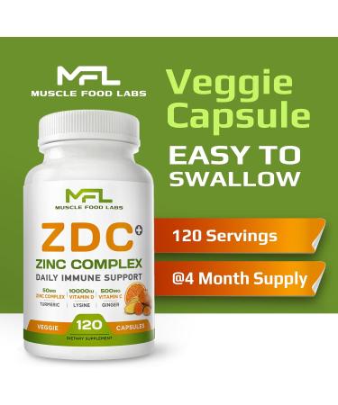 MUSCLE FOOD LABS | Z D C Plus | Vitamin C 500mg | Vitamin D3 | Zinc | Turmeric | Ginger | Lysine | Non-GMO & Gluten Free | Veggie Caps | 120 Servings - Buy Online on GoSupps.com
