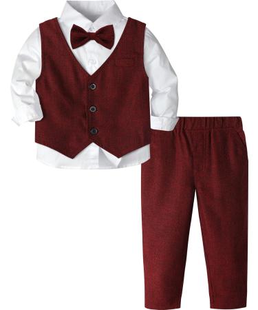 mintgreen Baby Boys Wedding Suits 3pcs Herringbone Tweed Outfit Christening Clothes Set Shirt + Waistcoat + Trousers + Bow Tie 1-4 Years 3-4 Years Red
