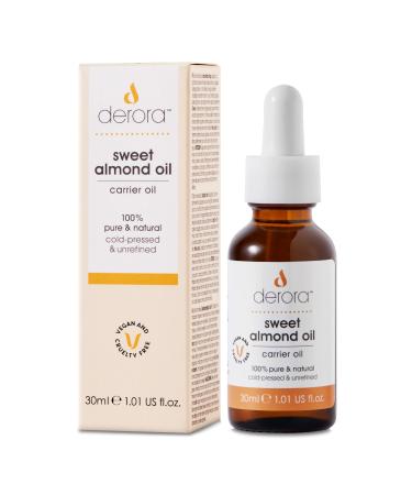 Derora Sweet Almond Oil | Nourishes Skin Hair & Nails | 100% Pure & Natural | Antioxidant & Vitamin A B D & E Rich | For All Skin Types | Vegan & Cruelty Free (30ml)