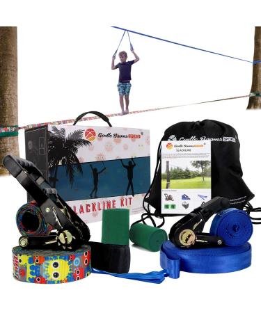 Gentle Booms Sports 250ft Slackline kit with Tree Protectors, Carry Bag, Arm Trainer, Backyard Outdoor Slackline kit, Ninja Warrior Slackline