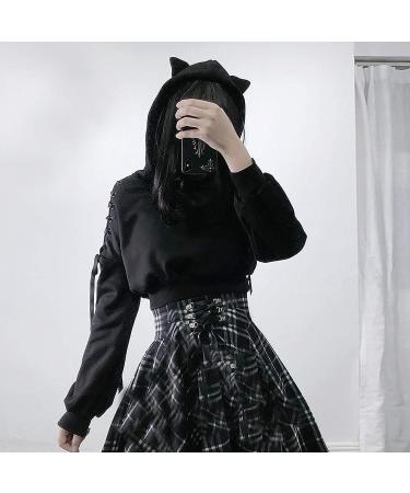 Black Cat Hoodie for Women | Criss Cross Long Sleeve Sweatshirt | Cute Crop Top Pullover | S-5XL Sizes Available - Buy Online on GoSupps.com