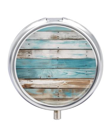 Pill Box Pill Case 3 Compartment Travel Pill Box Vintage Beach Wood Old Blue Color Wooden Plank Printing Small Pill Box Portable Medicine Pill Case Pill Organizer for Purse & Pocket for Travel Handbag