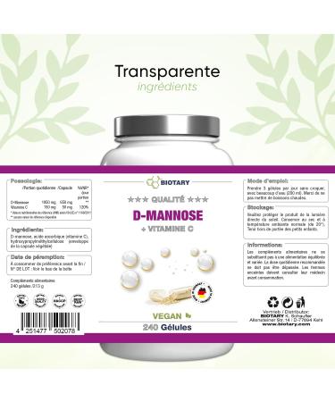 D-mannose - Urinary Discomfort - 1950 mg daily serving - 240 capsules - with vitamin C - with pill box - laboratory tested - vegan - certified quality - 100% natural - no additives - Buy Online on GoSupps.com