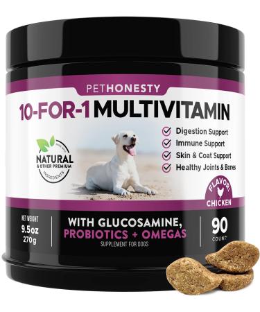 PetHonesty 10 in 1 Dog Multivitamin with Glucosamine - Essential Dog Supplements & Vitamins - Glucosamine Chondroitin, Probiotics, Omega Fish Oil for Dogs Health & Heart- Dog Health Supplies Chicken