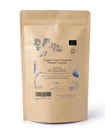 250g Organic True Cinnamon Powder (Ceylon) Sri Lanka by Stay Fresh Organics - Coumarin Tested - Eco Friendly Pouch - Resealable - Certified by Soil Association
