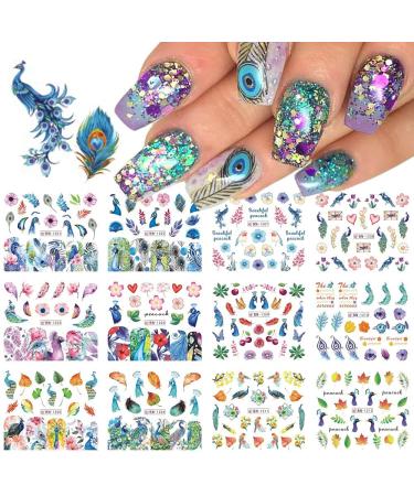 Flower Nail Sticker Decal Peacock Nail Art Supplies 12 Pcs Nail Art Stickers Colorful Peacock Blue Purple Leaf Flower Design Wraps Holiday DIY Nail Decoration Women Girls Birthday Gifts
