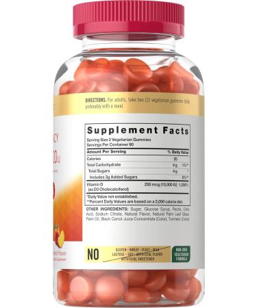 Carlyle Vitamin D3 Gummies 10000 IU 180 Count - Vegetarian Non-GMO | Gluten Free Peach Flavored Supplement - Buy Online on GoSupps.com