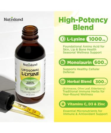 Liposomal L-lysine 1000MG Liquid Drops Lysine Supplement for Women & Kids Essential Amino Acid with Monolaurin Vitamin C & D3 Zinc for Lip & Skin Health Collagen & Immune Support 2 Fl Oz - Buy Online on GoSupps.com