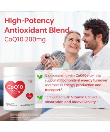 HUJ CoQ10 200mg Per Day - Heart Health & Cellular Energy Support with Coenzyme Q10 Vitamin E & PQQ - 60 Softgels - Buy Online on GoSupps.com