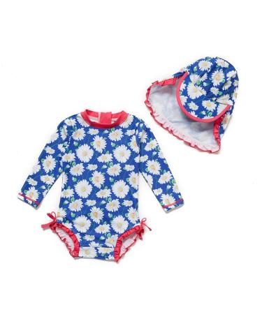 BONVERANO Baby Girls Swimsuit Toddler Bathing Suit Long-Sleeve Zipper One Piece Swimwear with UPF 50+ Sun Protection 6-9 Months Daisy 2