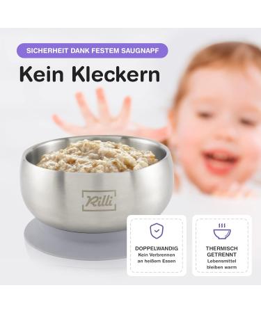Rilli Saugnapf Bowl | Stainless Steel Baby Dish with Silicone Lid | Slip-Proof Suction Cup Bowl for Fruits & Baby Food | Modern Gray Design - Buy Online on GoSupps.com