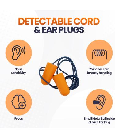 Metal Detectable Foam Earplugs 100 Pair | NRR 32dB | Corded Disposable Noise Cancelling Earplugs for Food Industry & Pharmaceuticals - Buy Online on GoSupps.com