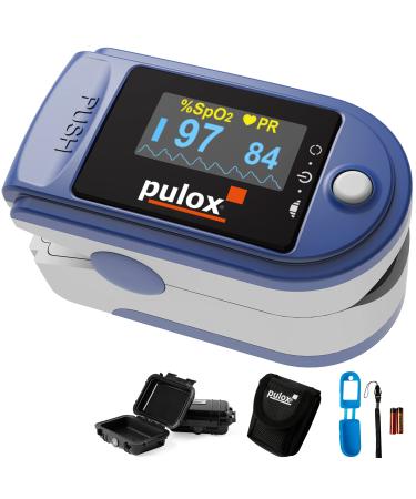 Puloximeter Pulox PO-200 Set for measuring pulse and oxygen saturation on the finger including hard case silicone protective cover batteries and wearing tape in dark blue oximeter with rotatable LCD display