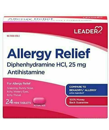 Leader Antihistamine Allergy Relief Diphenhydramine HCl 25mg Mini Tablets 24 Count