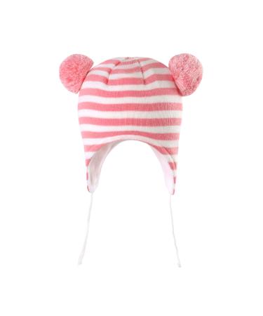 LANGZHEN Toddler Kids Infant Winter Hat Earflap Knit Warm Cap Fleece Lined Beanie for Baby Boys Girls 0-6 Months Pink-Stripe