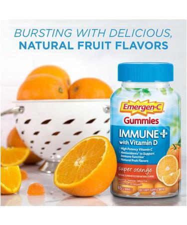 Emergen-C Immune+ Gummies - 750mg Vitamin C & Vitamin D, Gluten Free, Caffeine Free, Super Orange - 45 Count - Buy Online on GoSupps.com