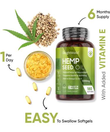 Hemp Seed Oil Softgels with Omega 3 6 9 & Vitamin E - 180 Capsules, Cold Pressed Supplement - Non-GMO, Gluten-Free, Made in the UK - Buy Online on GoSupps.com