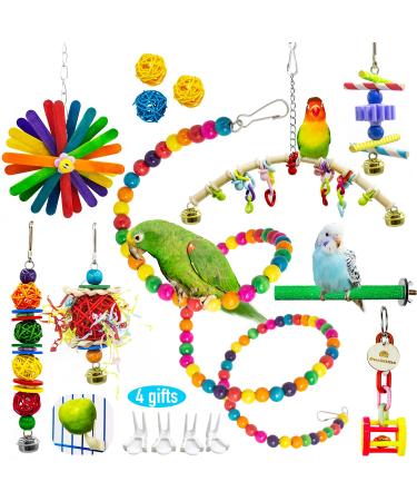 Duckiimo 8+3+4PCS Bird Parakeet Toys Set, Bird Chewing Hanging Toy with Round Bells, Bird Cage Colorful Beads Swinger Bungee Toy for Parakeets Cockatiels Budgies Lovebirds Accessories
