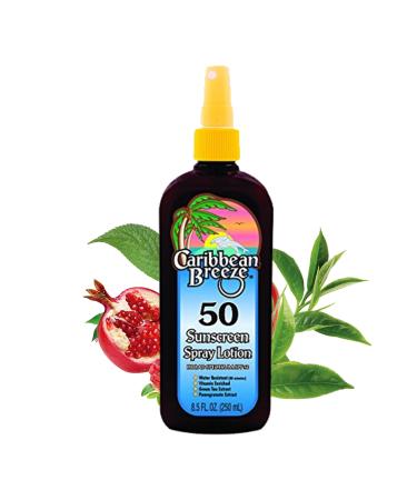 Caribbean Breeze Sunscreen Spray SPF 50 Lotion Mango Scent Lime Fragrance Tanning Sunscreen Spray Rich in Anti Oxidants Spray On Sunscreen with Green Tea & Pomegranate Extracts 8.5 oz (250 ml)