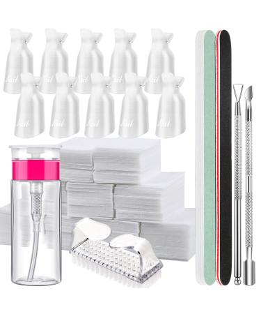 Fandamei nail polish remover tools set nail clips caps transparent 500 pieces cotton pads for gelails nail shaver stainless steel 2 pieces of nail file nail brush 100ml empty pump donor bottle