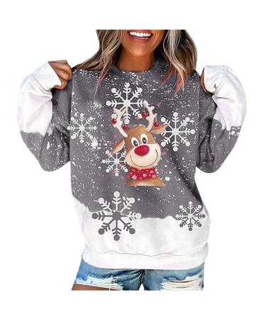 Angxiwan Christmas Shirt for Women Cute Moose Snowflake Print Long Sleeve Round Neck Sweatshirt Blouse Pullover Tops Grey Small