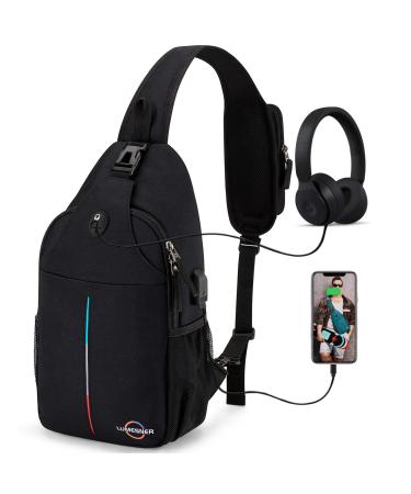 Lumesner Sling Bag Crossbody Backpack with USB Charging Port Hiking Daypack Shoulder Bag Chest Bag for Hiking Walking Travel Black