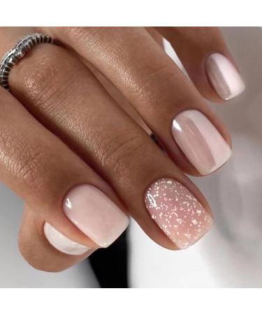 False Nails Long 24Pcs Aurora Pink Fake Nails Square Press on Nails with Glitter Pattern Squoval Stick on Nails with Nail Glue Glitter French Nail Tips for Women Girls Nails Art Pink Aurora