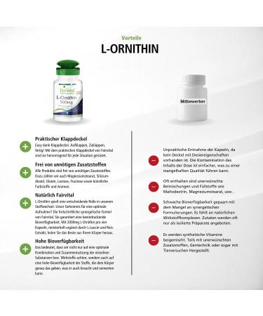 Fairvital L-Ornithine 500mg - High Dose Vegan Supplement - 120 Capsules | International Shipping Available - Buy Online on GoSupps.com