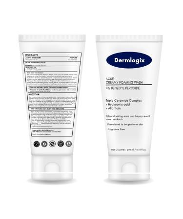 Dermlogix Creamy Acne Foaming Wash 4% Benzoyl Peroxide Face Wash With Hyaluronic Acid & Ceramides Gentle Daily Acne Skin Care 6.76 Fl Oz