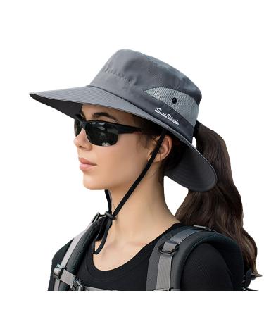 NPJY Sun Hat Womens Men 3 Wide Brim UPF 50+ Fishing Beach Bucket Hats Grey(ponytail Hole) 1