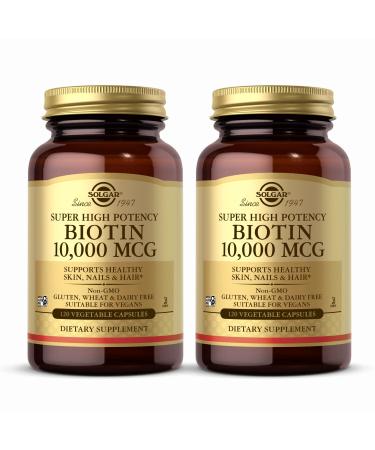 Solgar Super High Potency Biotin 10 000 mcg - 120 Vegetable Capsules Pack of 2 - Supports Healthy Skin Nails & Hair - Non-GMO Vegan Gluten & Dairy Free - 240 Total Servings