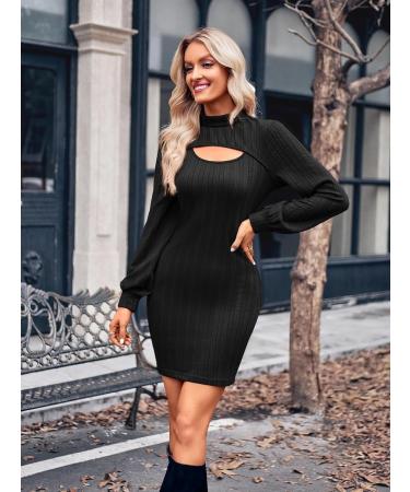 Women's Long Sleeve Dress Half High Collar Cutout Slim Fit Wrap Hip Solid Color Bodycon Short Dresses M Black - Buy Online on GoSupps.com