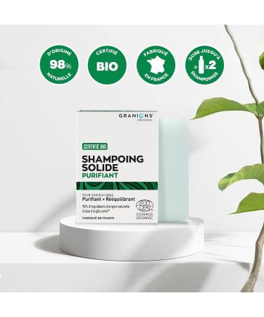 GRANIONS - PURIFYING & REBALANCING SOLID SHAMPOO - Certified ORGANIC - For oily hair - With green clay - 98% ingredients of natural origin - Made in France - Buy Online on GoSupps.com