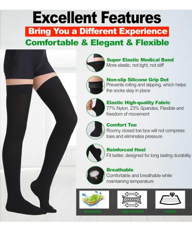 Thigh High Compression Stockings 20-30mmHg Firm Support | Silicone Band | Unisex | Black - S - Buy Online on GoSupps.com