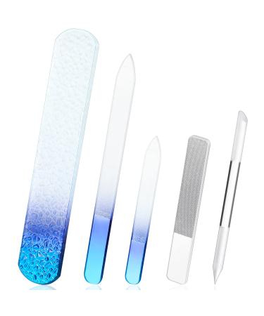 5 Pcs Glass Foot File Set Include 2 Crystal Glass Nail File 1 Cuticle Pusher 1 Glass Foot File 1 Nano Nail Shiner Nails Buffer Polisher Callus Remover Foot Rasp Manicure Tool for Natural Nail Care