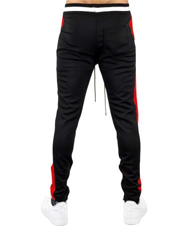 Bleecker and Mercer Men's Slim Fit Athletic Track Jogger Pants with Side Stripe Taping - Black/Red Stripe, Large - Buy Online on GoSupps.com