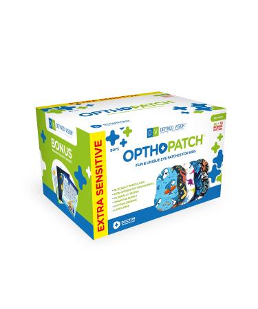 OPTHOPATCH Kids Eye Patches - Fun Boys Design - 90+10 Bonus Latex Free Hypoallergenic Cotton Extra Sensitive Adhesive Bandages for Amblyopia & Cross Eye-3 Reward Chart Posters by Defined Vision