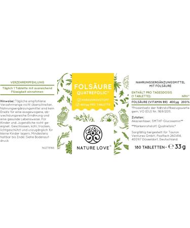 Nature Love Folic Acid Quatrefolic - 180 Tablets (400mcg) | Vegan High Dose Lab Tested - Support for Pregnancy & Conception - Made in Germany - Buy Online on GoSupps.com