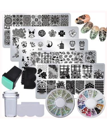 LoveOurHome Nail Art Stamping Kit 5pc Plants Flower Animal Nail Stamping Plate Template Nail Rhinestone Glitter with Stamper & Scraper for Salon Home Manicure Nails Tips DIY Stamp with Rhinestones