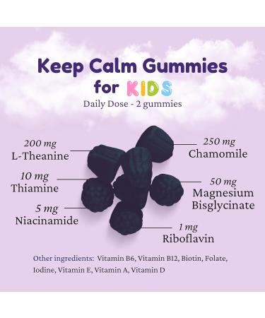 Dr. Kleins Keep Calm For Kids Gummies. Black Currant. Includes 100mg of L Theanine For Relaxation Restlessness & Nervousness Support. Chamomile Extract Vitamins & Minerals to Support Stress Relief. Naturally sweetened. 30 Day Supply. 60 Gummies. 60 count  - Buy Online on GoSupps.com