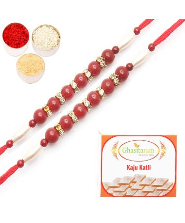 Ghasitaram Gifts Rakhi for Brother Rakhis Online- Set of 2-666 Fancy Thread Rakhi with 200 GMS of Kaju katli