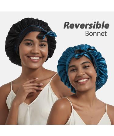 Silk Satin Bonnet for Curly Hair | Double Layer Reversible Cap for Women | Blue Sleeping Bonnet - Buy Online on GoSupps.com