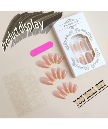 Buy French Tips Press on Nails | Stiletto Designs | Nude Sparkly Full Cover Acrylic | Glossy Gold Glitter | Medium Almond Shape | Easy Application with Glue | Shop Golden Guardian Online - Buy Online on GoSupps.com