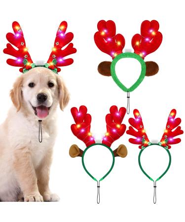 Pedgot 3 Pieces Light up Pet Christmas Headbands LED Pet Xmas Reindeer Antler Headbands for Christmas Holiday Supplies Accessory