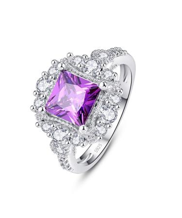 Empsoul 925 Sterling Silver Flower Ring Princess Cut Simulated Amethyst Wedding Ring Mother's Day Gift Size 6 US6 Purple