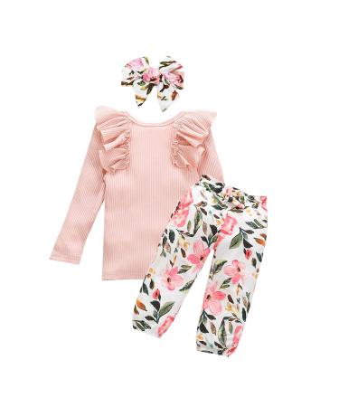 OFIMAN Toddler Baby Girl Outfits Clothes Sets Little Kids Long Short Sleeve Ruffle Tops + Floral Pants + Bow Headband Fall 18-24 Months Long-pink