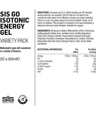 Science In Sport GO Isotonic Energy Gels Running Gels with 22g Carbohydrates Low Sugar Variety Pack of Assorted Flavours 60ml Per Serving (20 Pack) - Buy Online on GoSupps.com