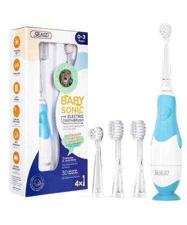SEAGO Toddler Electric Toothbrushes for Baby Ages 0-3 Years Baby Toothbrush with Smart Timer and Suction Base 4 Replacement Brushheads (Blue-C)